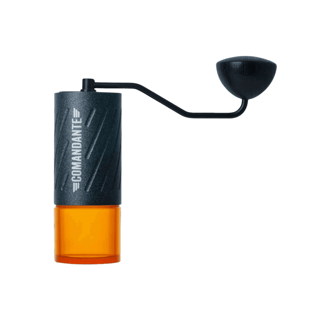 Comandante C60 Baracuda Stone Washed Coffee Grinder with orange base